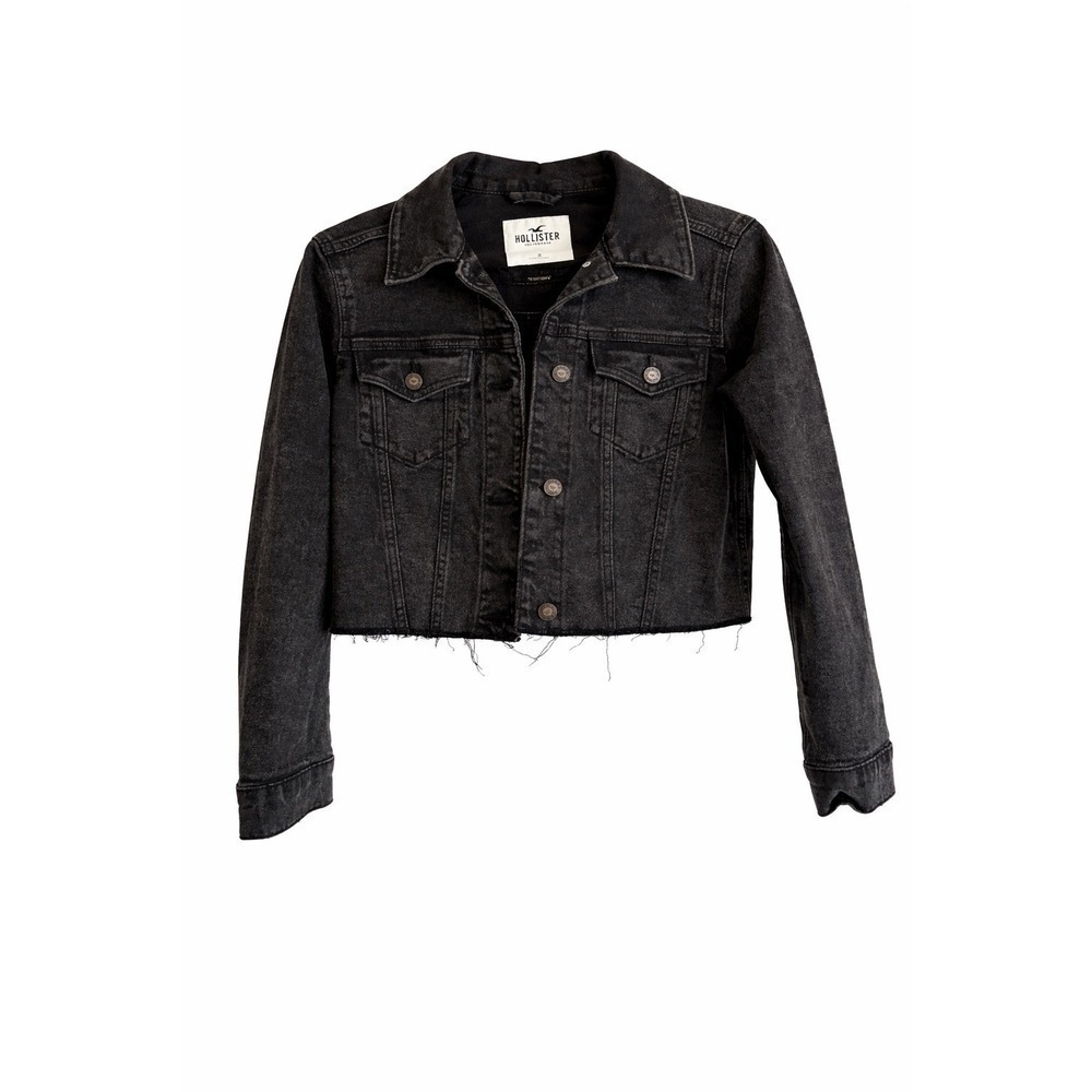 Hollister Black Wash Cropped Denim Jacket Small Indie Sleaze Raw Hem MSRP $100